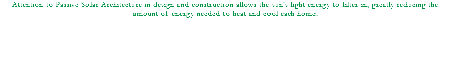 Attention to Passive Solar Architecture in design and construction allows the sun's light energy to filter in, greatly reducing the amount of energy needed to heat and cool each home. 