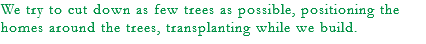 We try to cut down as few trees as possible, positioning the homes around the trees, transplanting while we build. 